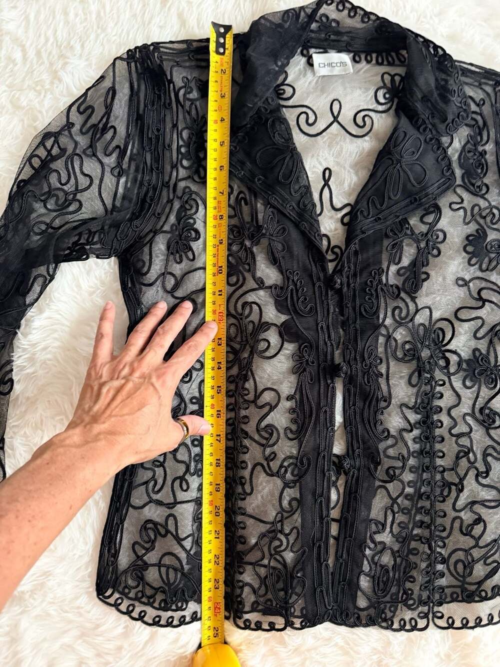 Chico's Black Sheer Mesh Embroidered Floral Open Front Blouse/Jacket - Picture 4 of 6